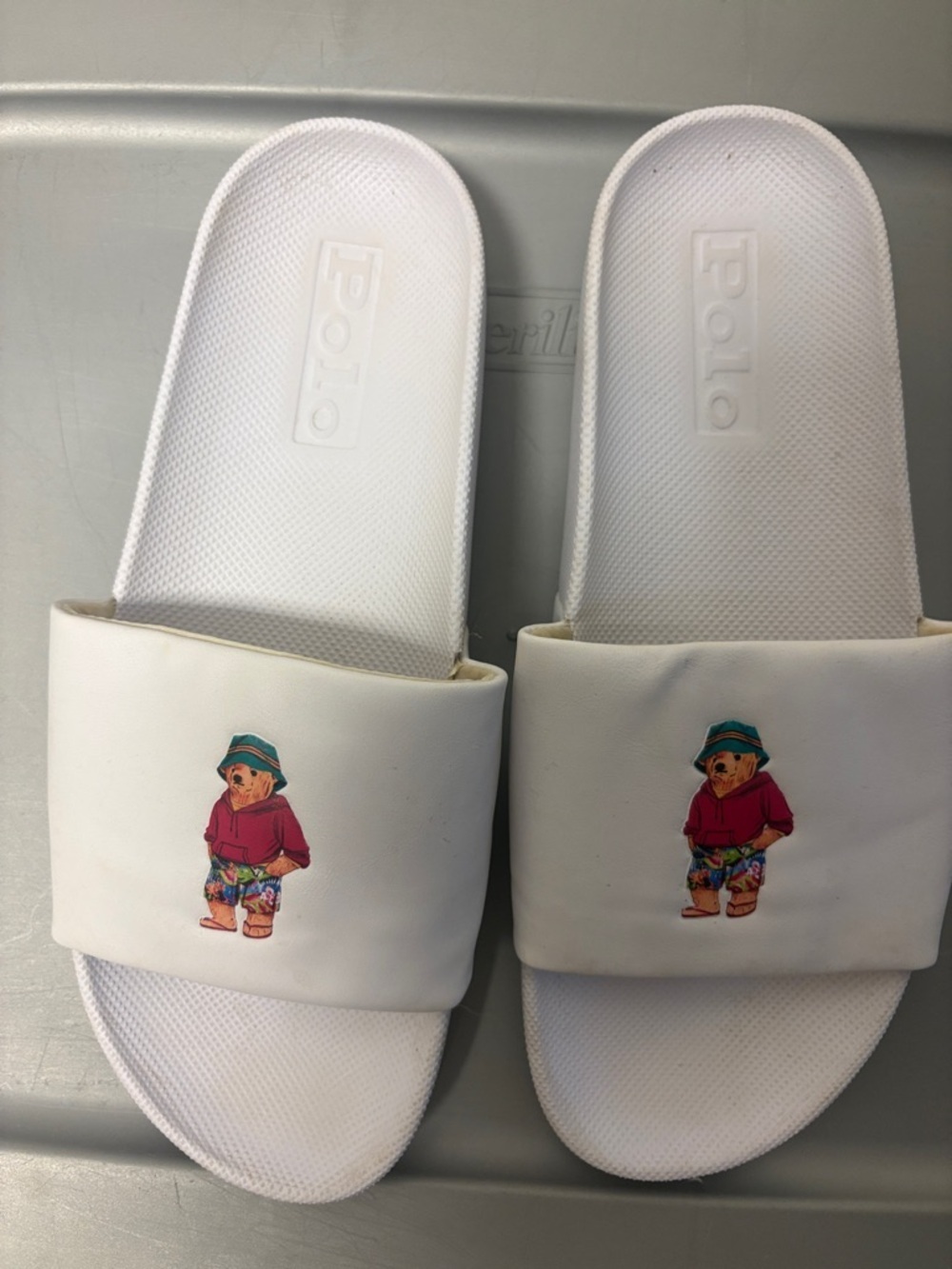 Polo by Ralph Lauren White Kids Slide Sandals with Bear in Red Top
